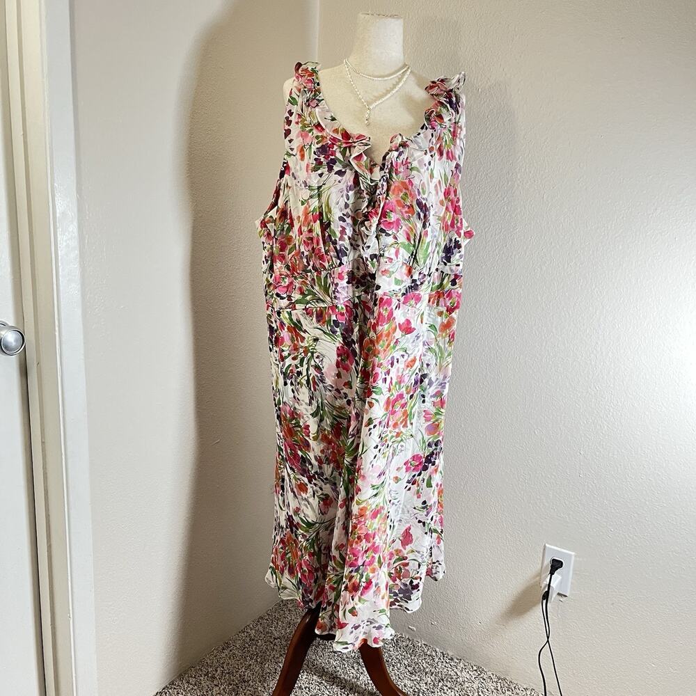Donna Ricco Plus Sz 24W SILK Forral Ruffle Dress Multi Color V Neck Back Tie